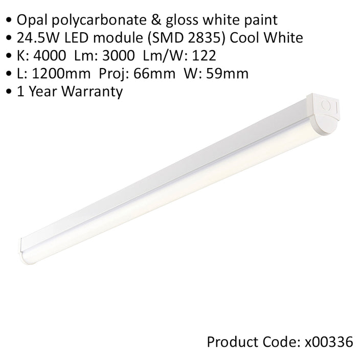 4ft Emergency Batten Light Fitting - 24.5W Cool White LED - Gloss White & Opal