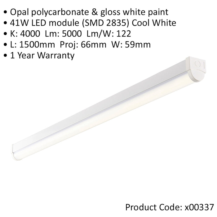 5ft Emergency Batten Light Fitting - 41W Cool White LED - Gloss White & Opal