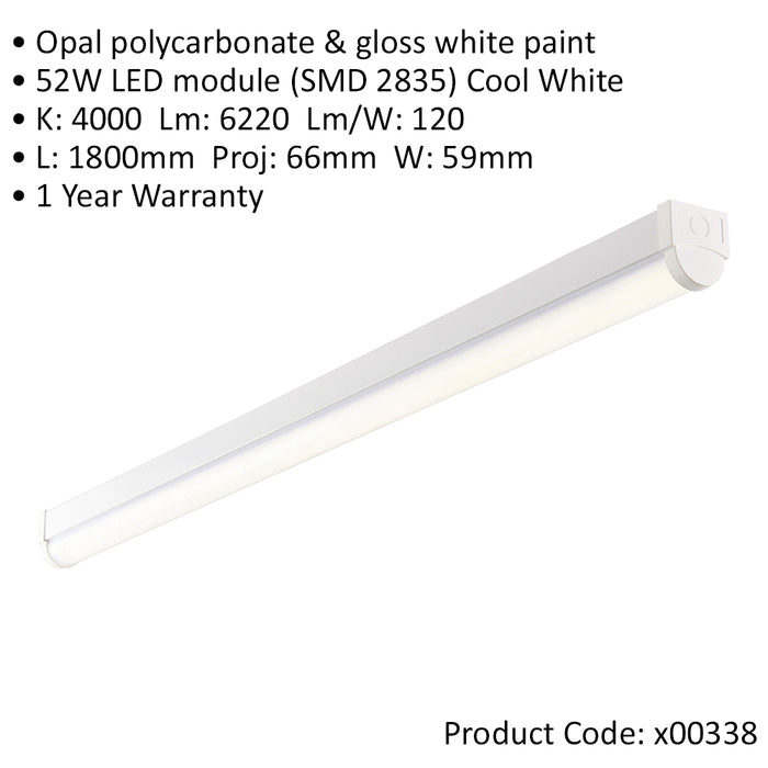 2 PACK 6ft Emergency Batten Light - 52W Cool White LED - Gloss White & Opal