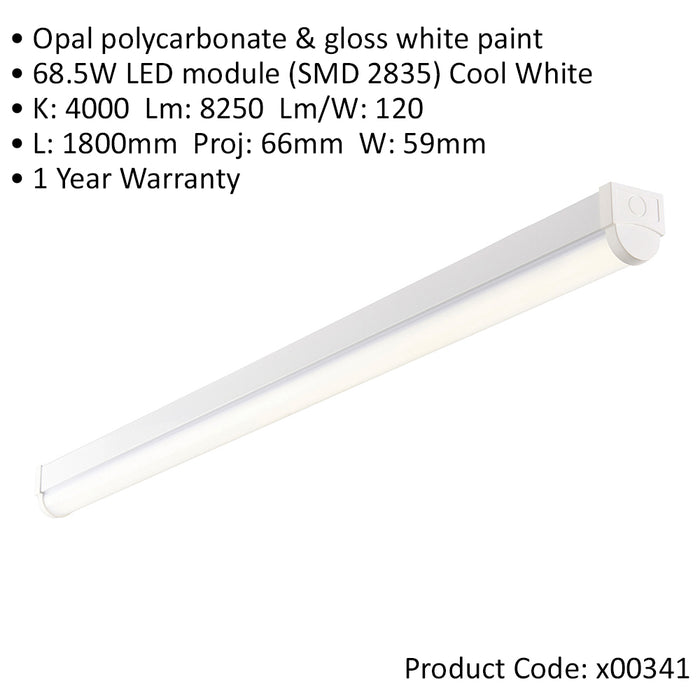 2 PK 6ft High Lumen Emergency Batten Light - 68.5W Cool White LED - Gloss White