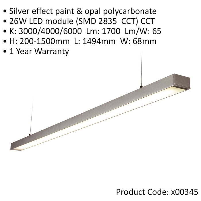 Commercial LED Suspension Light - 1494 x 68mm - 26W CCT LED Module - Low Energy