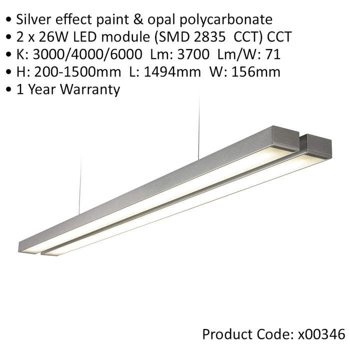 Twin Commercial LED Suspension Light - 1494mm x 156mm - 2 x 26W CCT LED Module