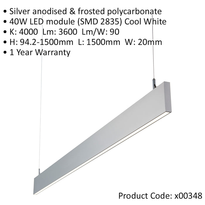 4 PACK Slim Commercial Suspension Light - 1500mm x 20mm - 40W Cool White LED