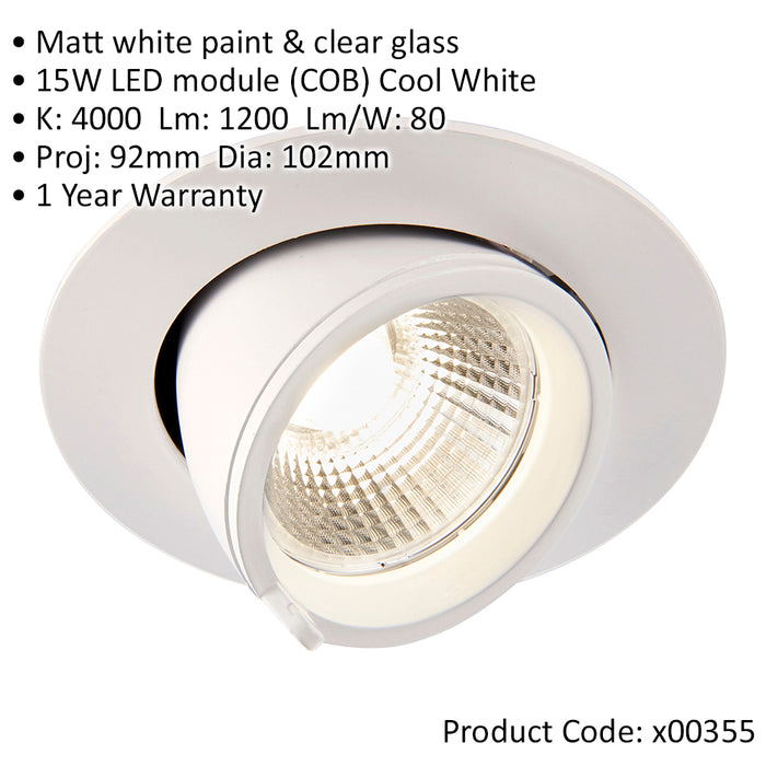 Fully Adjustable Recessed Ceiling Downlight - 15W Cool White LED - Matt White