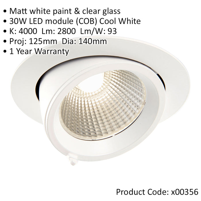4 PACK Fully Adjustable Ceiling Downlight - 30W Cool White LED - Matt White
