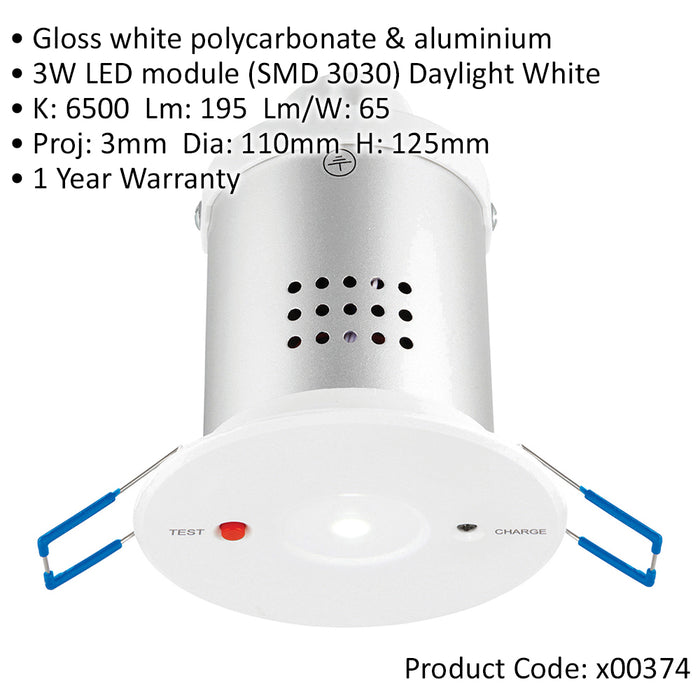 Recessed Emergency Ceiling Downlight - 3W Daylight White LED - Self Contained