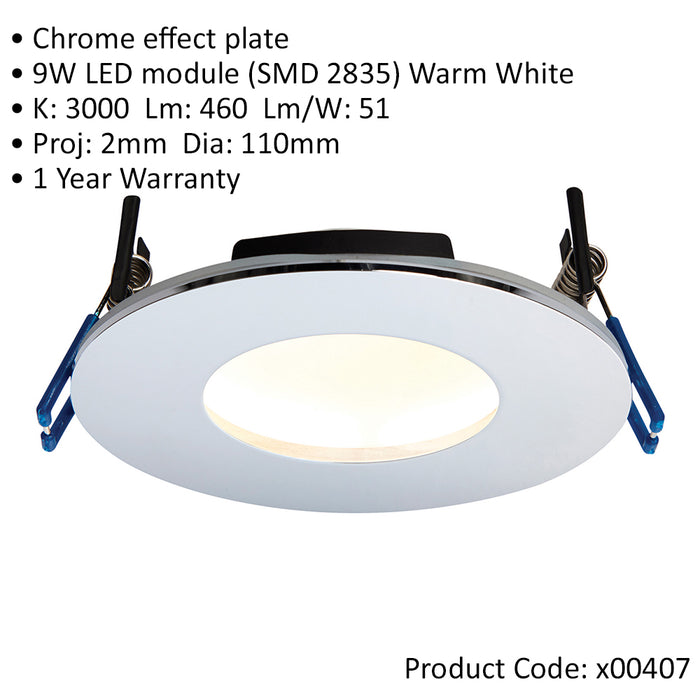 Chrome Recessed Bathroom Downlight - 9W Warm White LED Slim Ceiling Light