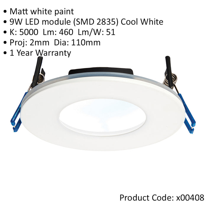 Matt White Recessed Bathroom Downlight - 9W Cool White LED - Slim Ceiling Light