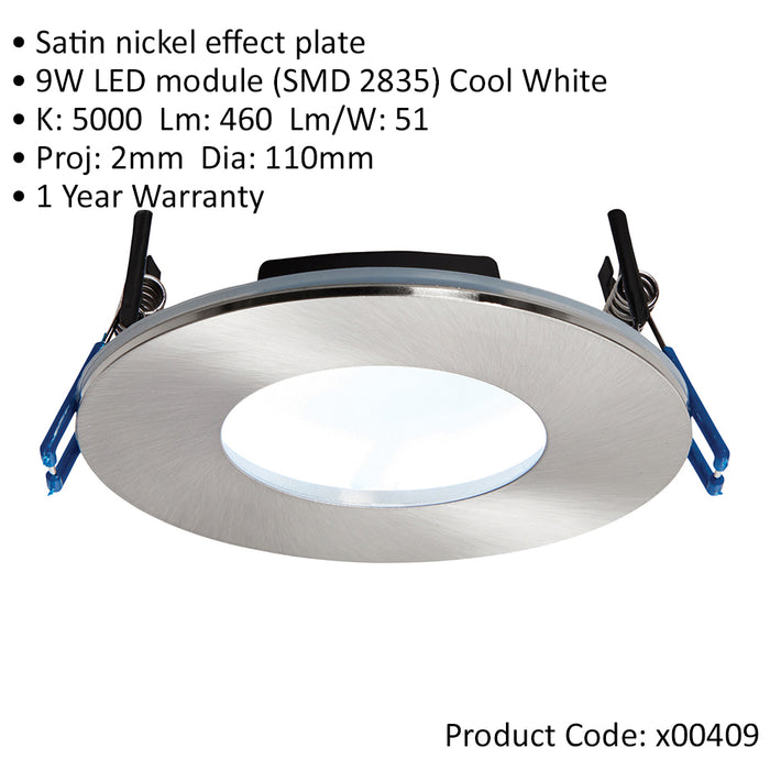 Satin Nickel Recessed Bathroom Downlight - 9W Cool White LED Slim Ceiling Light - LoopsDirect