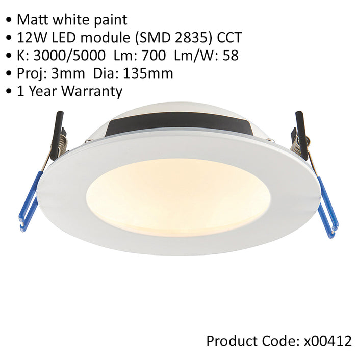 Anti-Glare Recessed IP65 Ceiling Downlight - 12W CCT LED Module - Matt White