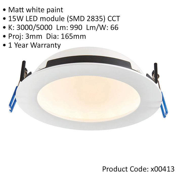 Anti-Glare Recessed IP65 Ceiling Downlight - 15W CCT LED Module - Matt White