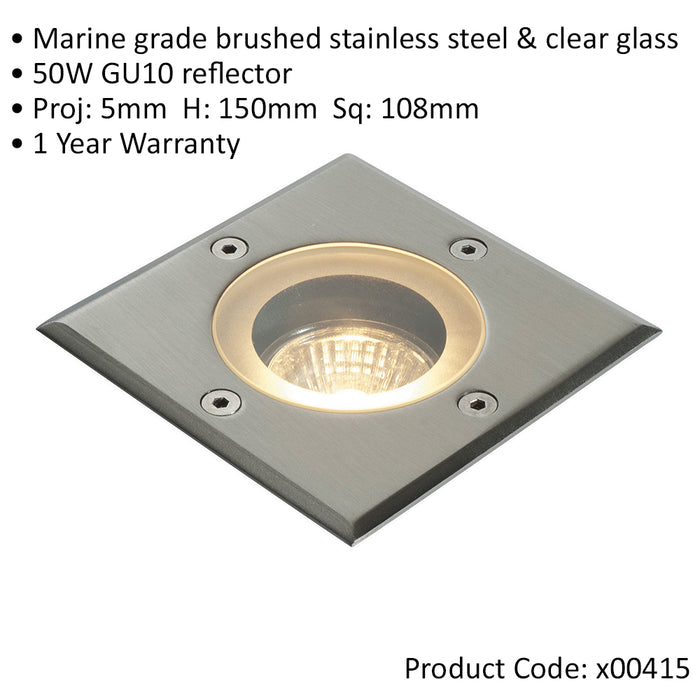 Marine Grade IP65 Square Ground Light - 50W GU10 Reflector  - Stainless Steel