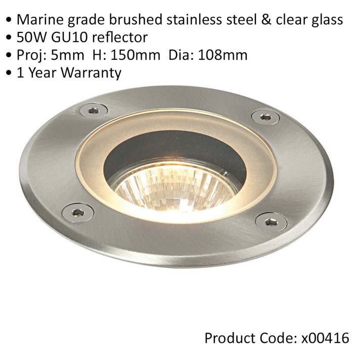 Marine Grade IP65 Round Ground Light - 50W GU10 Reflector  - Stainless Steel