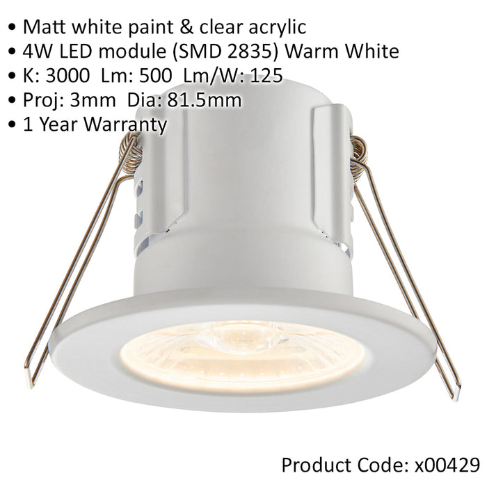 Tool-less Recessed Bathroom IP65 Downlight - 4W Warm White LED - Matt White