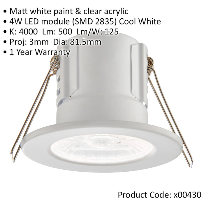 Tool-less Recessed Bathroom IP65 Downlight - 4W Cool White LED - Matt White
