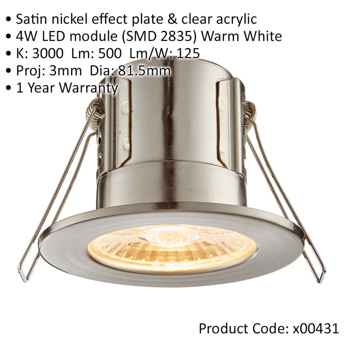 Tool-less Recessed Bathroom IP65 Downlight - 4W Warm White LED - Satin Nickel - LoopsDirect