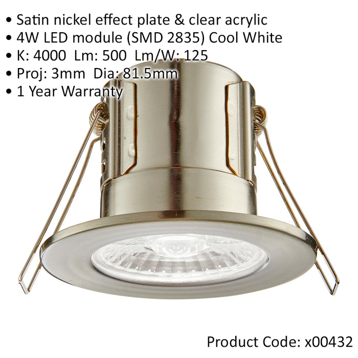 Tool-less Recessed Bathroom IP65 Downlight - 4W Cool White LED - Satin Nickel