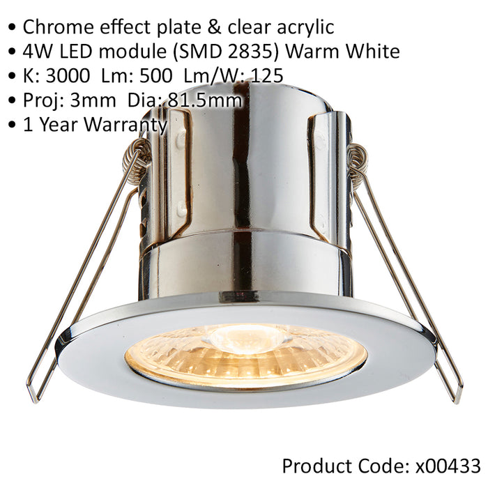 Tool-less Recessed Bathroom IP65 Downlight - 4W Warm White LED - Chrome Plate