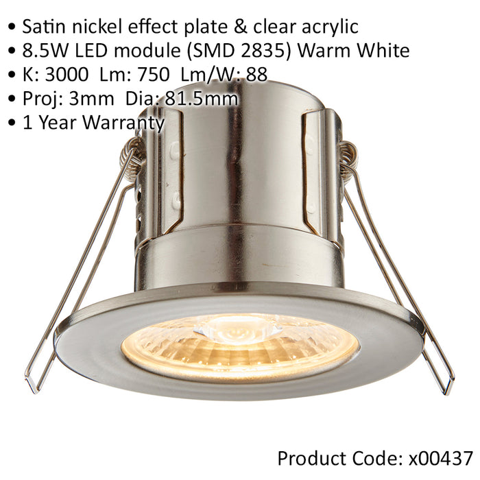 Tool-less Recessed Bathroom IP65 Downlight - 8.5W Warm White LED - Satin Nickel