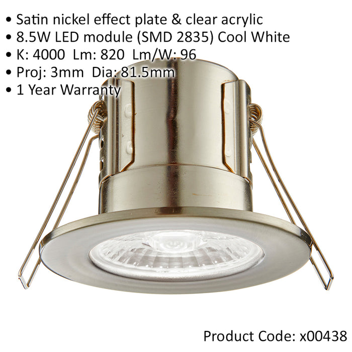 Tool-less Recessed Bathroom IP65 Downlight - 8.5W Cool White LED - Satin Nickel - LoopsDirect