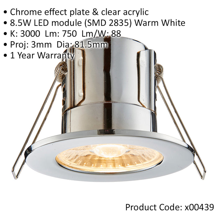 Tool-less Recessed Bathroom IP65 Downlight - 8.5W Warm White LED - Chrome Plate