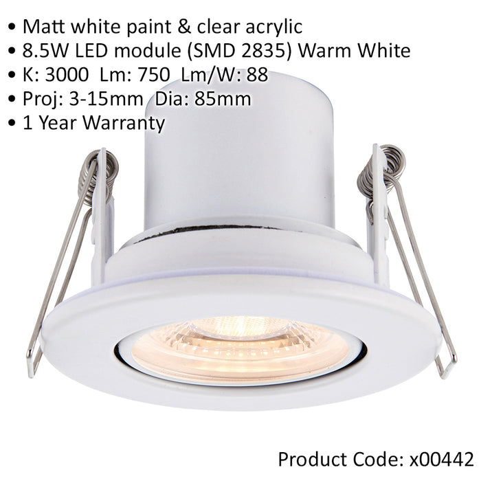 2 PACK Recessed Tiltable Ceiling Downlight - 8.5W Warm White LED - Matt White
