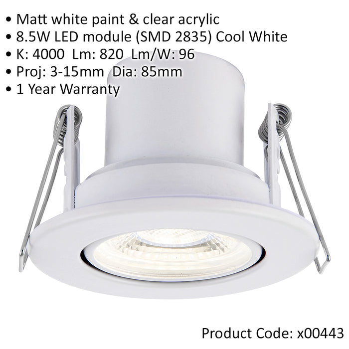 2 PACK Recessed Tiltable Ceiling Downlight - 8.5W Cool White LED - Matt White