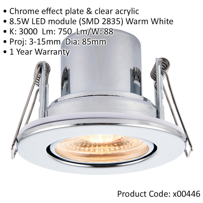 Recessed Tiltable Ceiling Downlight - Dimmable 8.5W Warm White LED Chrome Plate