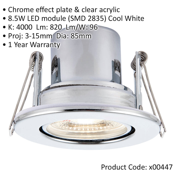 2 PACK Recessed Tiltable Ceiling Downlight - 8.5W Cool White LED Chrome Plate