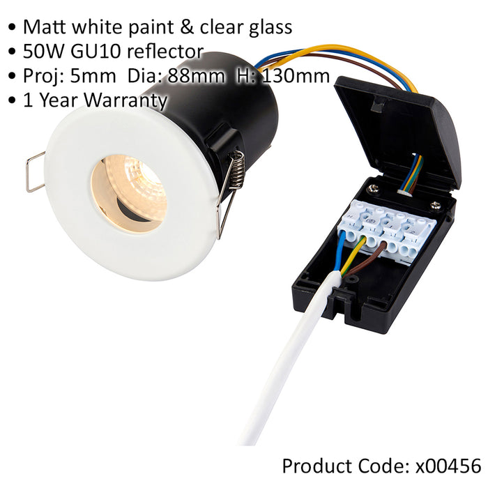 Matt White Recessed Bathroom Downlight - 50W GU10 Reflector - IP65 Ceiling Light
