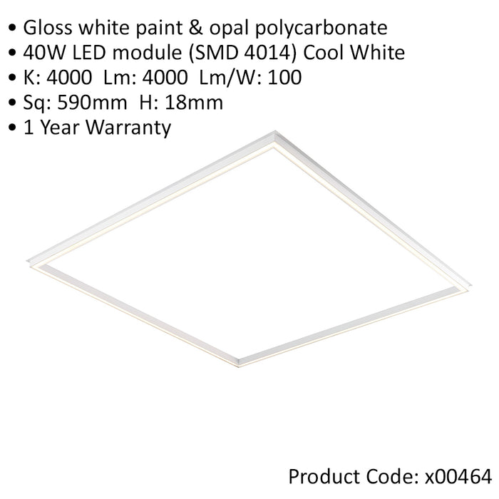 Square Frame LED Ceiling Panel Light - 590 x 590mm - 40W Cool White LED