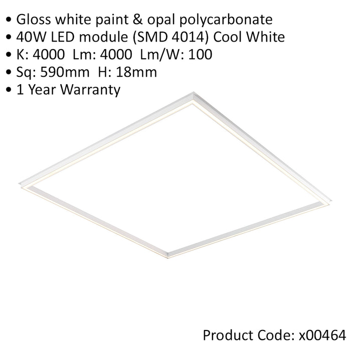 Square Frame LED Ceiling Panel Light - 590 x 590mm - 40W Cool White LED - LoopsDirect