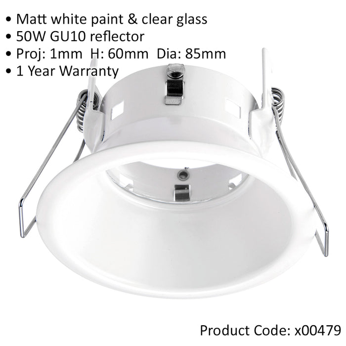 Anti-Glare Recessed Bathroom Downlight IP65 - 50W GU10 Reflector - Matt White - LoopsDirect