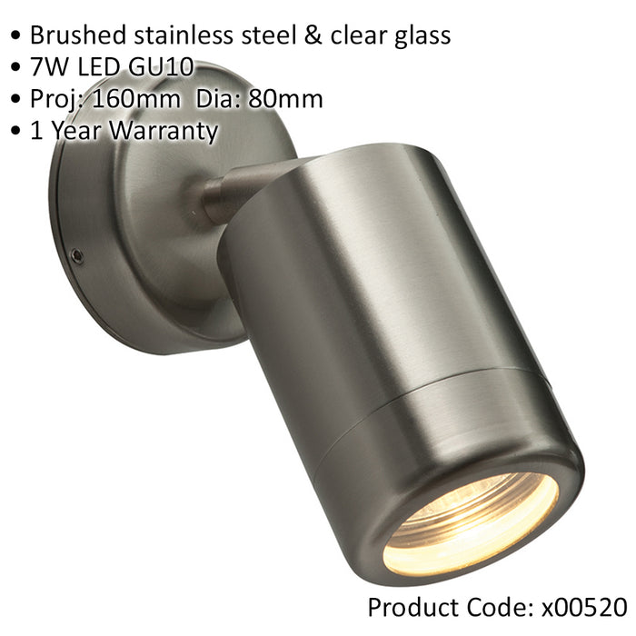 Adjustable Outdoor IP65 Wall Spotlight - 7W LED GU10 - Brushed Stainless Steel