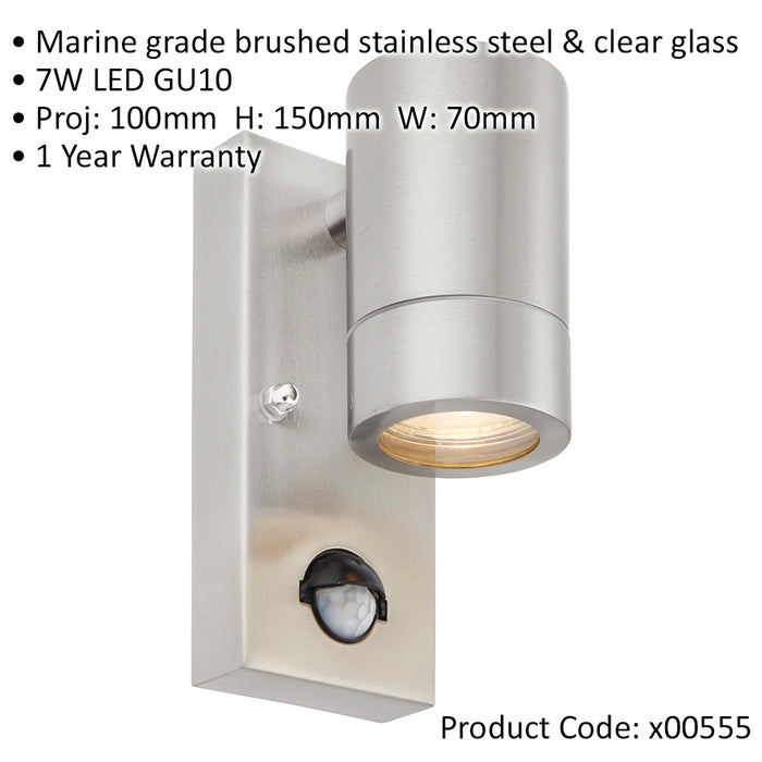 Automatic Outdoor IP44 Wall Down Light with PIR - 7W LED GU10 - Stainless Steel
