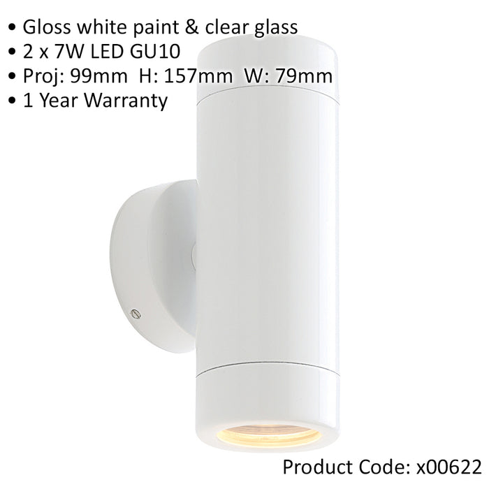 2 PACK Up & Down Twin Outdoor Wall Light - 2 x 7W LED GU10 - Gloss White