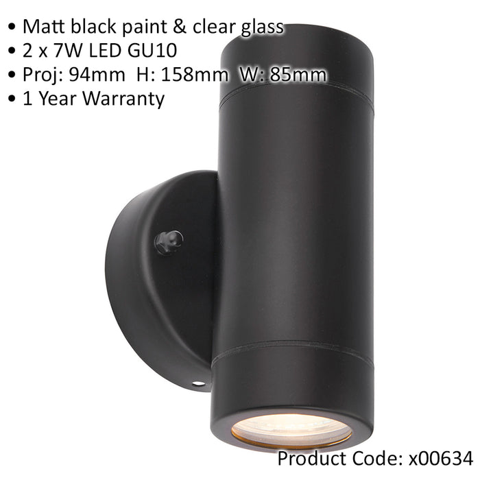 Up & Down Twin Outdoor IP44 Wall Light - 2 x 7W GU10 LED - Matt Black & Glass