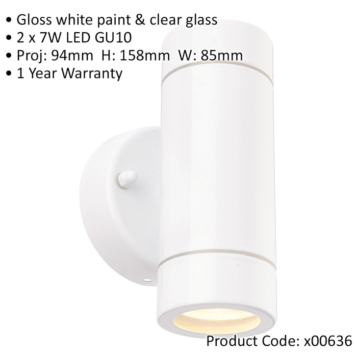 Up & Down Twin Outdoor IP44 Wall Light - 2 x 7W GU10 LED - Gloss White & Glass