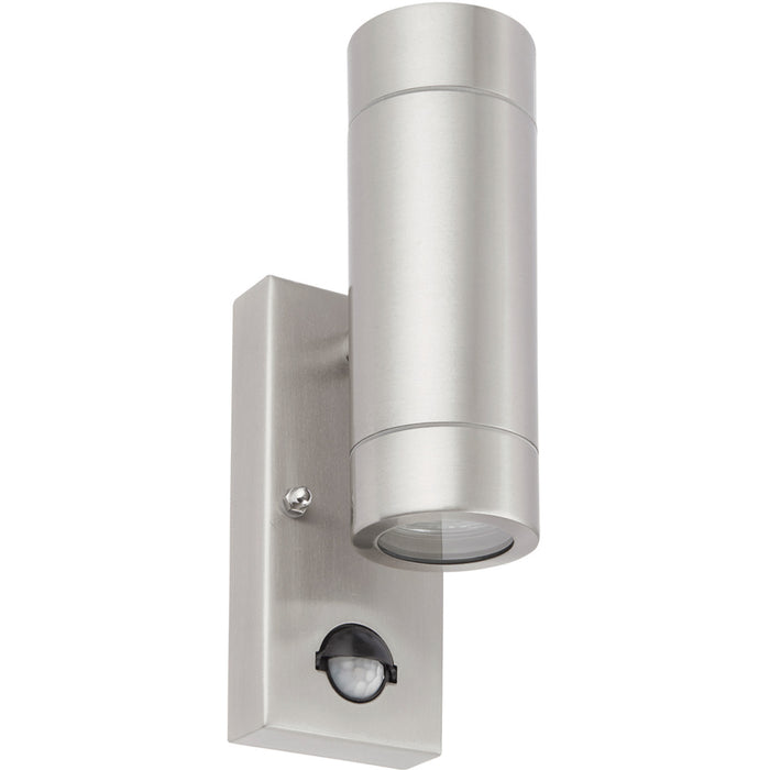 Automatic Up & Down IP44 Wall Light with PIR - 2 x 7W GU10 LED - Brushed Steel