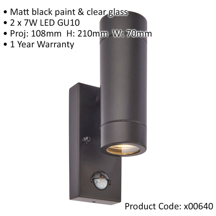 Twin Up & Down IP44 Wall Light with PIR Sensor - 2 x 7W GU10 LED - Matt Black