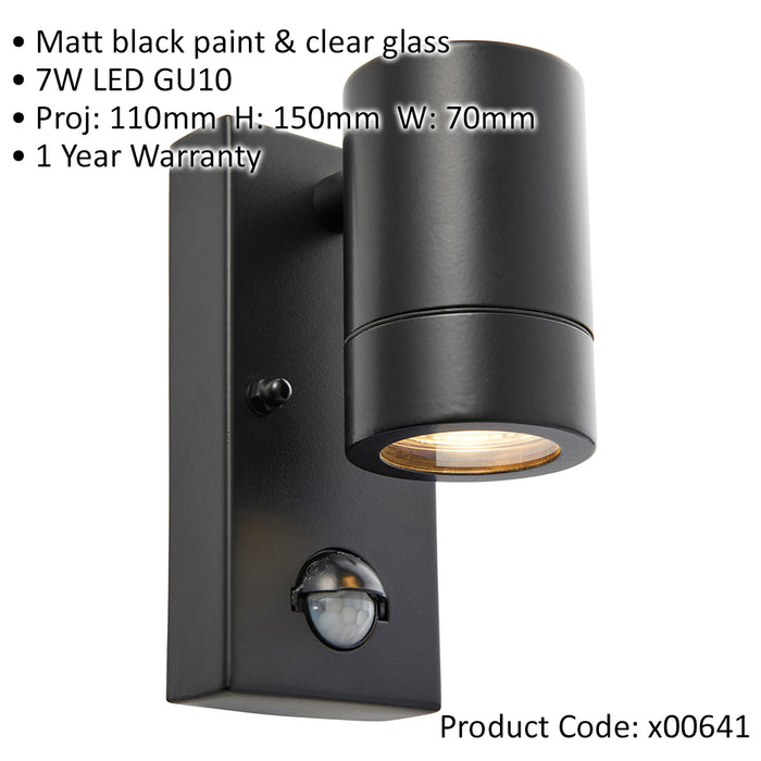Outdoor IP44 Wall Downlight with PIR Sensor - 7W GU10 LED - Matt Black