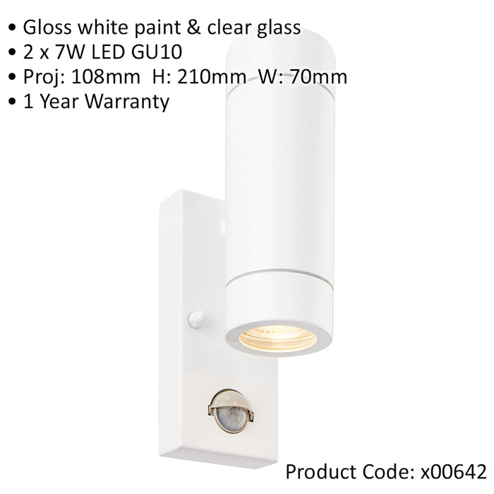 Twin Up & Down IP44 Wall Light with PIR Sensor - 2 x 7W GU10 LED - Gloss White