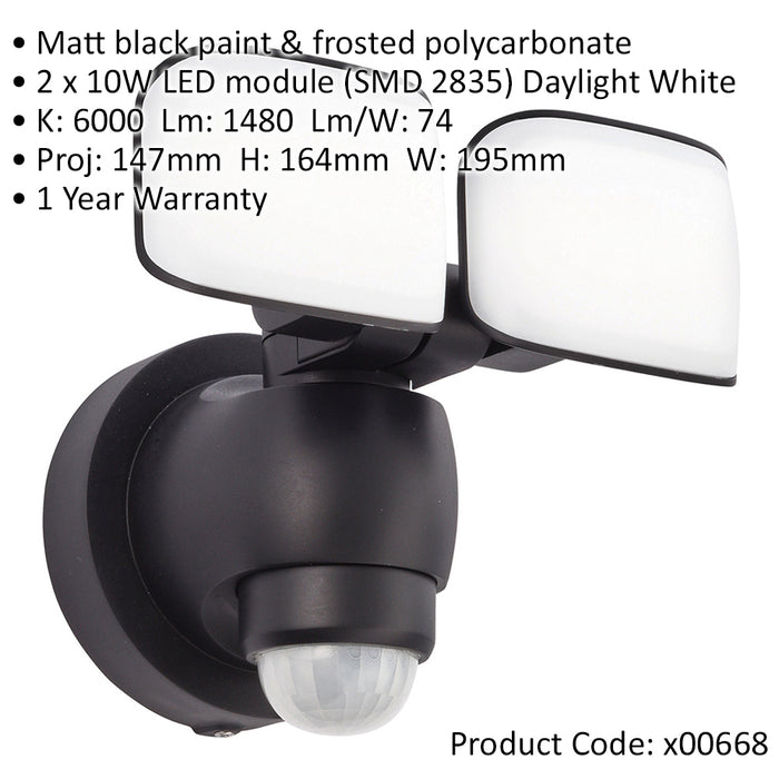 Twin Outdoor Security Spot Light - 2 x 10W Daylight White LEDs - PIR Sensor