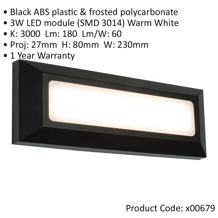Outdoor IP65 Pathway Guide Light - Direct 3W Warm White LED - Black ABS Plastic