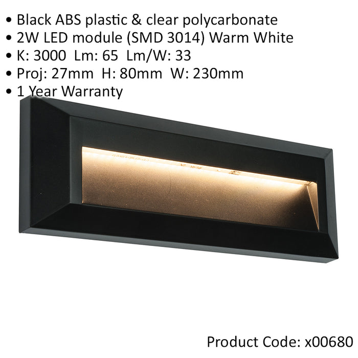 Outdoor IP65 Pathway Guide Light - Indirect 2W Warm White LED Black ABS Plastic