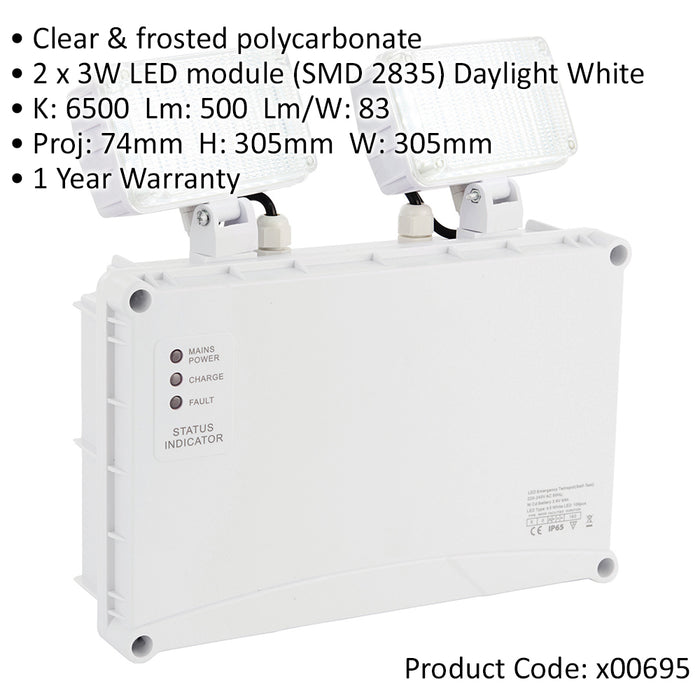 Twin Outdoor IP65 Emergency Spotlight - 2 x 3W Daylight White LED - Weatherproof