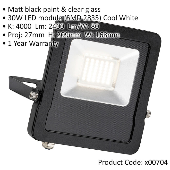 Outdoor IP65 LED Floodlight - 30W Cool White LED - 2400 Lumens - Angled Bracket