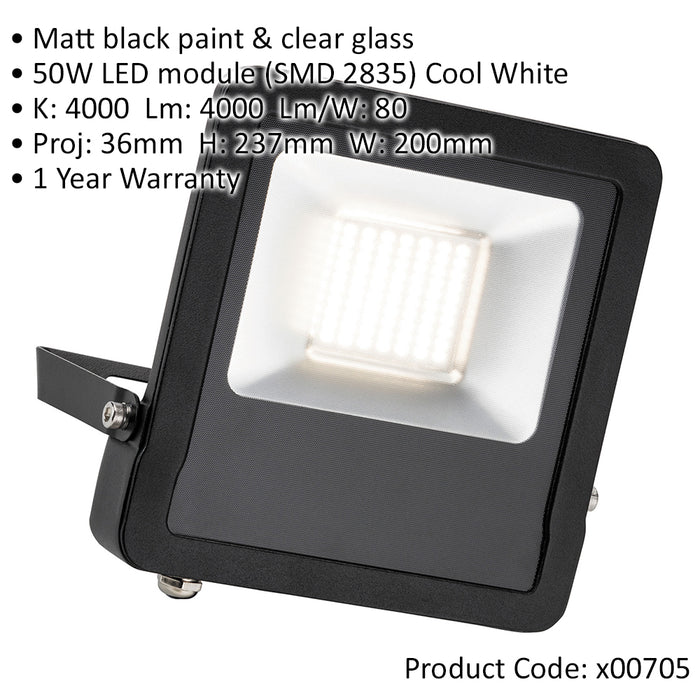 Outdoor IP65 LED Floodlight - 50W Cool White LED - 4000 Lumens - Angled Bracket