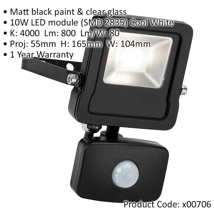 Outdoor IP65 Automatic Floodlight - 10W Cool White LED - PIR Sensor - 800 Lumens