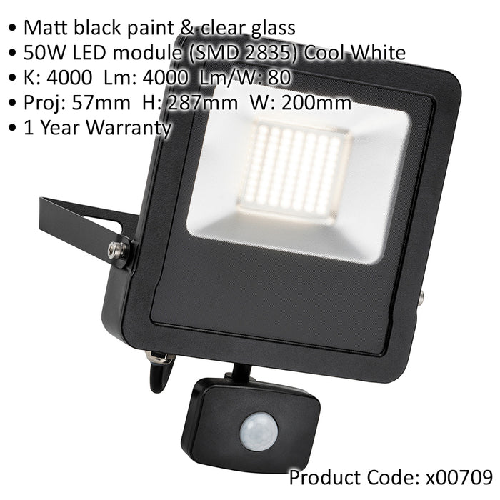 Outdoor IP65 Automatic Floodlight - 50W Cool White LED - PIR Sensor - 4000 Lumen